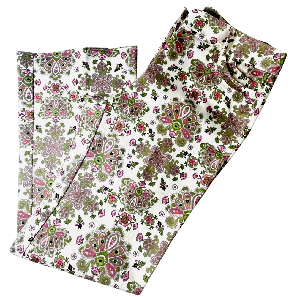 Nicole Miller Floral Paisley Print Flare Leg Pants Cottagecore Pink Green 10 - Picture 2 of 10